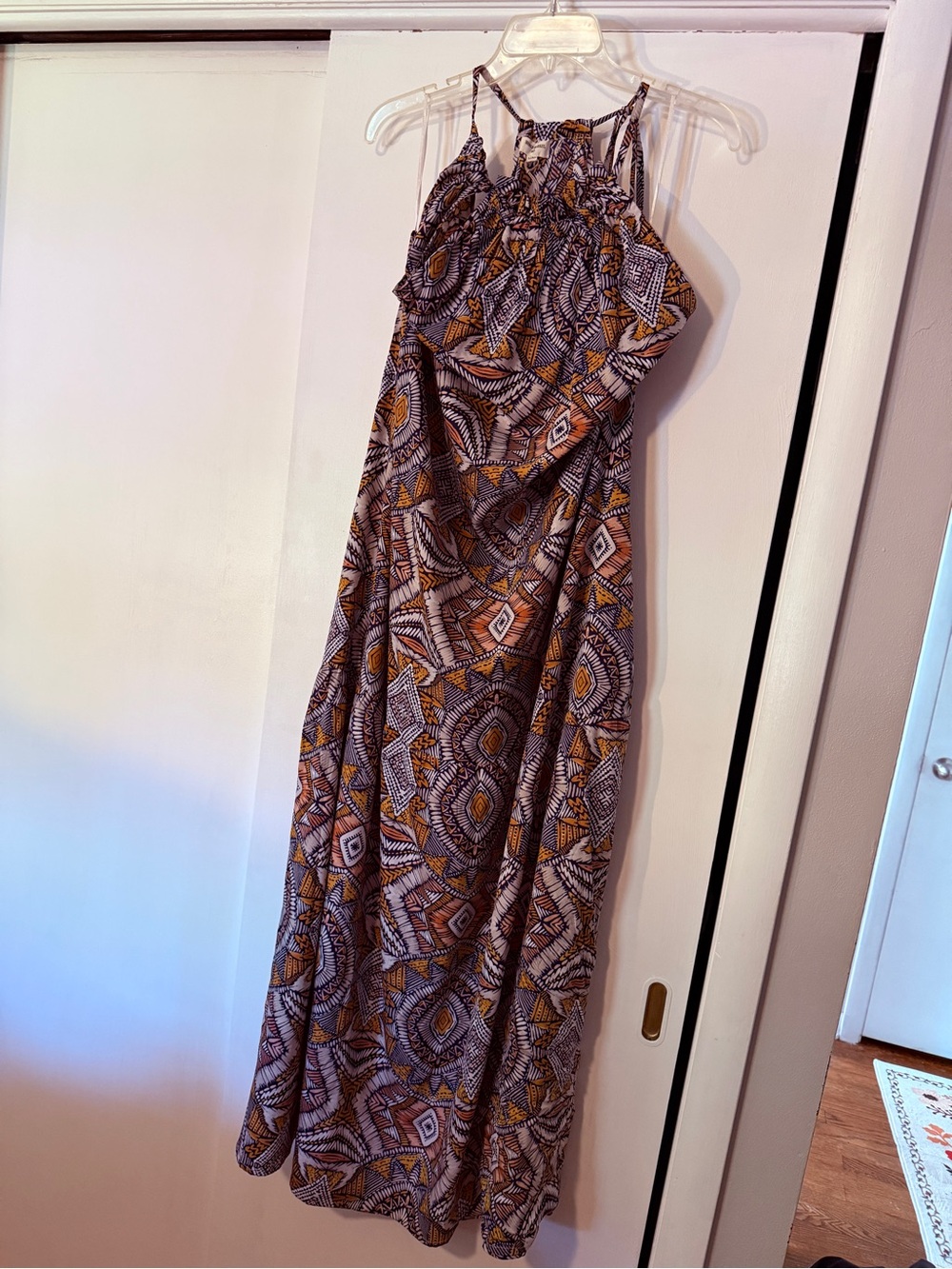 Cost Plus World Market Brown and Mustard Geometric Halter Maxi Dress
